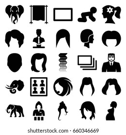 Portrait icons set. set of 25 portrait filled icons such as elephant, baby crawl, woman hairstyle, face, curly hair, hairstyle, woman face with flower in hair, casino girl