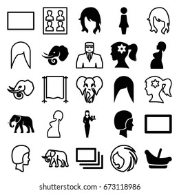 Portrait icons set. set of 25 portrait filled and outline icons such as elephant, baby basket, woman, woman hairstyle, casino girl, burst, face, security guy, studio curtain