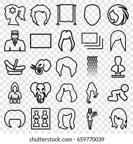 Portrait icons set. set of 25 portrait outline icons such as elephant, baby basket, baby crawl, woman hairstyle, face, curly hair, hairstyle, woman face with flower in hair