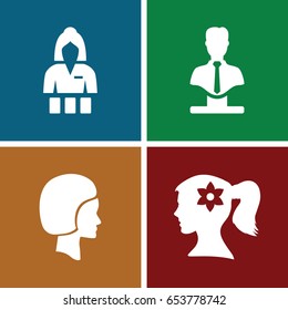 Portrait icons set. set of 4 portrait filled icons such as woman face with flower in hair, casino girl, bust