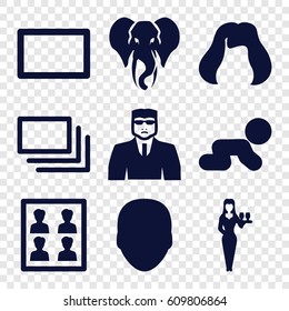 Portrait icons set. set of 9 portrait filled icons such as elephant, face, hairstyle, security guy, Casino girl, photo for passport, burst