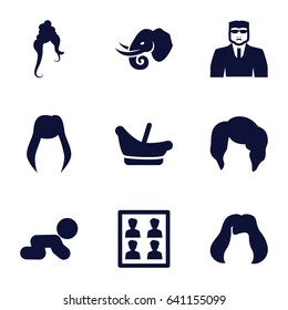Portrait icons set. set of 9 portrait filled icons such as elephant, baby basket, woman hairstyle, hairstyle, security guy, photo for passport