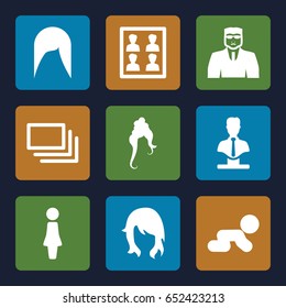 Portrait icons set. set of 9 portrait filled icons such as woman, woman hairstyle, security guy, bust, photo for passport, burst