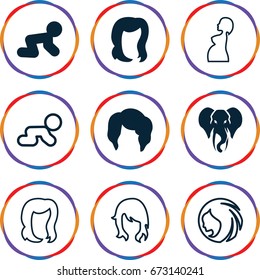Portrait icons set. set of 9 portrait filled and outline icons such as elephant, baby crawl, woman hairstyle, hairstyle, pregnant woman