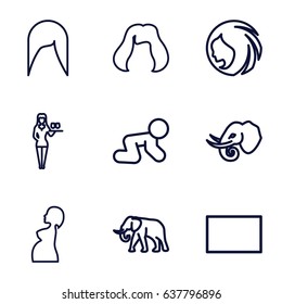 Portrait icons set. set of 9 portrait outline icons such as elephant, baby crawl, woman hairstyle, hairstyle, casino girl, pregnant woman