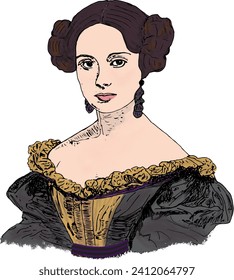 Portrait illustration of Ada Lovelace (1815-1852) in a gold anf black dress