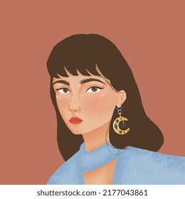 Portrait illustration of beautiful lady or woman with brown hair and eyes, soft make up, blush and peach lips, wearing moon shape luxurious earring  perfect for cosmetic, jewelry  or accessory brand