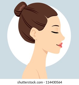 Portrait illustration of beautiful woman head with hair bun hairstyle