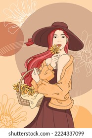 portrait illustration of beautiful woman holding flowers happily in autumn