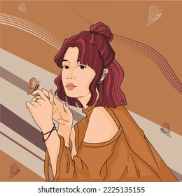 portrait illustration of a beautiful woman with short hair holding a butterfly in a simple dress. used for avatars for social media, book covers, cards, decorations, bags.