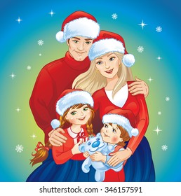 Portrait illustration of Christmas family.
Illustration of lovely Christmas family with Santa Claus hats.