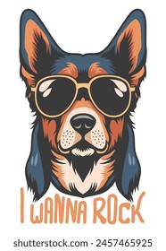 Portrait illustration of a cool rock n roll dog wearing sunglasses