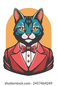 Portrait illustration of a cool stylish and fashionable cat wearing red suit as a big boss