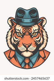 Portrait illustration of a cool stylish and fashionable tiger wearing suit and hat as a big boss