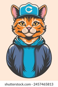 Portrait illustration of a cool stylish and fashionable cat wearing hat and hoodie