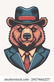 Portrait illustration of a cool stylish and fashionable bear wearing suit and hat