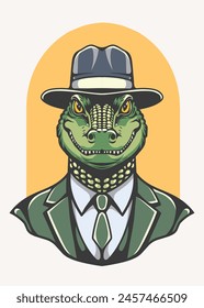 Ilustración del retrato de un cocodrilo fresco elegante y de moda como un gran jefe que lleva sombrero y traje verde