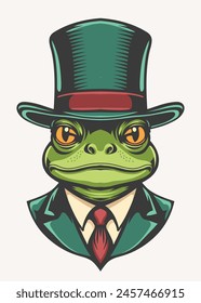 Portrait illustration of a cool stylish and fashionable green frog wearing suit and hat as a big boss