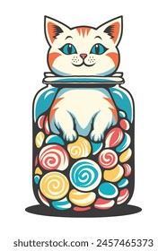 Portrait illustration of a cute baby cat playing in a candy jar