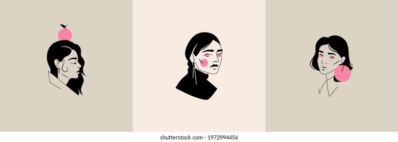 Portrait illustration of a girl with an apple. Abstract shapes, silhouettes. Logo for business in the field of beauty, health, personal care, for a beauty salon. Fashionable poster. Surreal faces