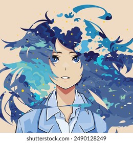 Portrait Illustration of Girl Vector with Blue Cloud Hair Fluttering