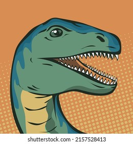 Portrait illustration of raptor head. Predatory dinosaur of the Jurassic period. Strong hunter raptor. Prehistoric pangolin. Cartoon vector art illustration hand drawn. Pop art style