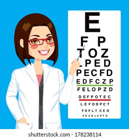 Portrait illustration of young pretty optometrist woman pointing to snellen test vision chart