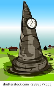 portrait image, an ancient clock tower building in a village, a village on a hill