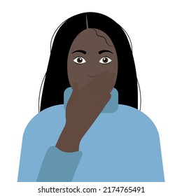 Portrait image of a black girl who covered her mouth with her hand in horror, a flat vector, isolate on a white background, a girl in a blue sweater
