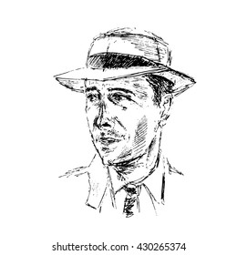 Portrait of an imaginary attractive man in the hat, shirt, tie. Vintage sketchy style. Graphic illustration. Stylish design for room decoration, posters, cover, surface, postcards, print. 40s, 60s