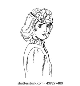 Portrait of an imaginary pretty woman with long combed hair and hat with decor. Hand drawn graphics illustration. Vintage style. Vector eps 10. For posters, coloring pages, clothes, prints, postcards.