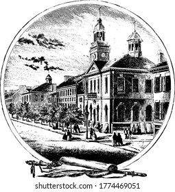 A portrait of independence hall United States declaration of independence were adopted it is located in Philadelphia, USA, vintage line drawing or engraving illustration.