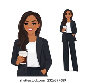 Portrait of Indian beautiful business woman standing with coffee cup isolated vector illustration