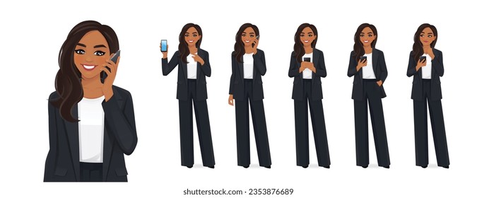 Portrait of Indian beautiful business woman holding mobile phone, talking, texting and showing empty screen isolated set vector illustration