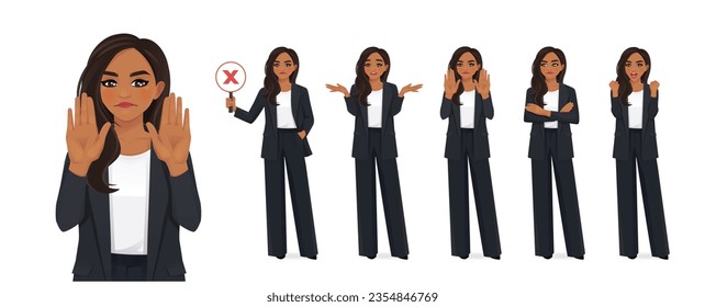 Portrait of Indian beautiful business woman showing negative emotions with different gestures set isolated vector illustration