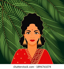 portrait of an Indian beauty on a background of palm leaves. young woman in national indian dress. 
a drawing in the style of the cartoon. stock vector illustration. EPS 10