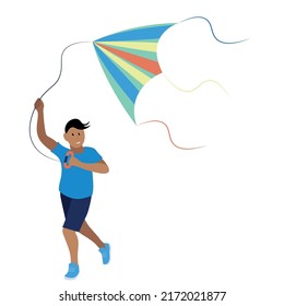 Portrait of a indian boy who runs with a kite in his hands, flat vector, isolate on a white background, outdoor games