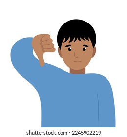 Portrait of a indian cartoon boy showing thumb down, dislike, flat vector, isolate on white