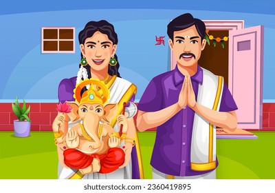 Portrait of Indian couple carrying statue of Lord Ganesh on the occasion of Ganesh Chaturthi.