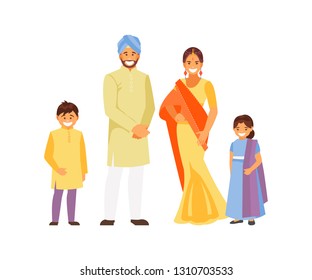 Portrait of an Indian family in national clothes. Traditional dress sari, turban. Vector illustration