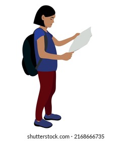 Portrait of an indian girl with a backpack and a map in her hands, vector on a white background, road trip