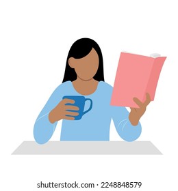 Portrait of an Indian girl with a cup and a book in her hands at the table, flat vector, isolated on white, faceless illustration