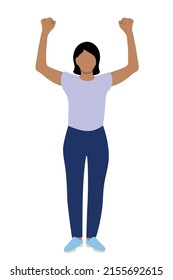 Portrait of a indian girl in full growth, hands raised up, flat vector on a white background, faceless illustration, a girl protests