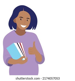 Portrait of indian girl student with books in hand, isolated on white, flat vector, girl with blue hair