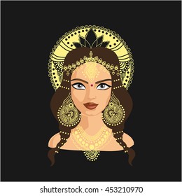 Portrait of Indian goddess with long brown hair and golden crown, earrings, necklace and head accessories and red dot between eyes, on dark gray background
