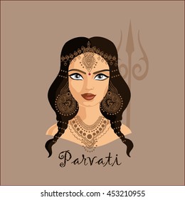 Portrait Of Indian Goddess Parvati With Long Brown Hair And Earrings, Necklace And Head Accessories And Red Dot Between Eyes, On Dark Brown Background With Shiva Trissue