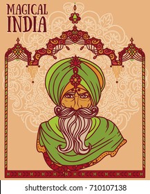 portrait of indian gray haired man in turban and traditional indian arch, vector illustration