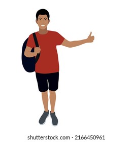 Portrait Of A Indian Guy With A Backpack, Hitchhiking, Flat Vector Isolated On White Background, Traveler, Road Travel