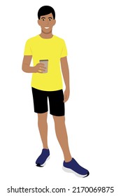 Portrait of a indian guy in full growth with a paper glass of coffee in his hand, vector isolated on a white background, coffee to go