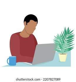 Portrait of a indian guy sitting at a table with a laptop, the guy works at home, flat vector, isolate on white, home office, on the table a cup and a flowerpot, faceless